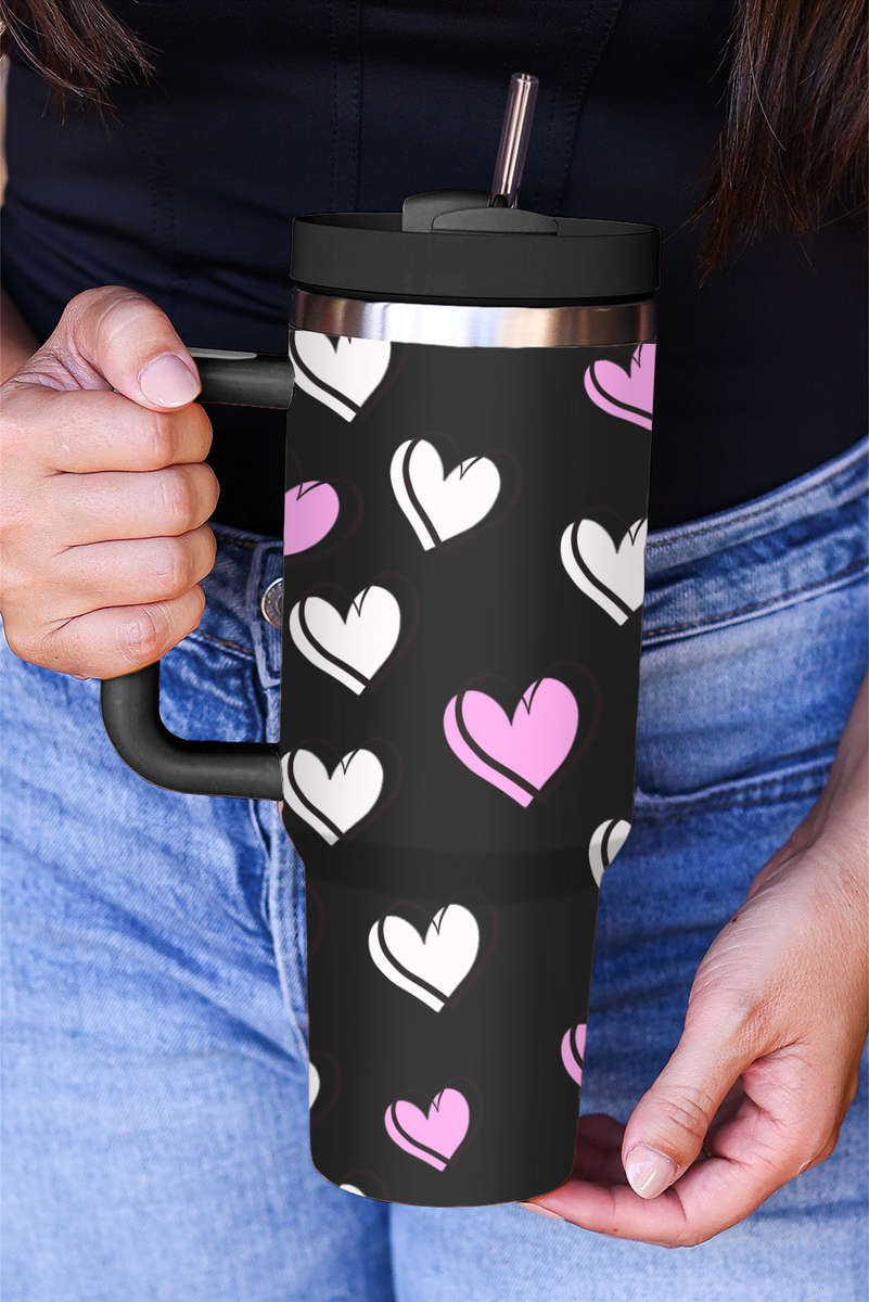 Black Valentines Heart Printed Thermos Cup with Handle 40oz