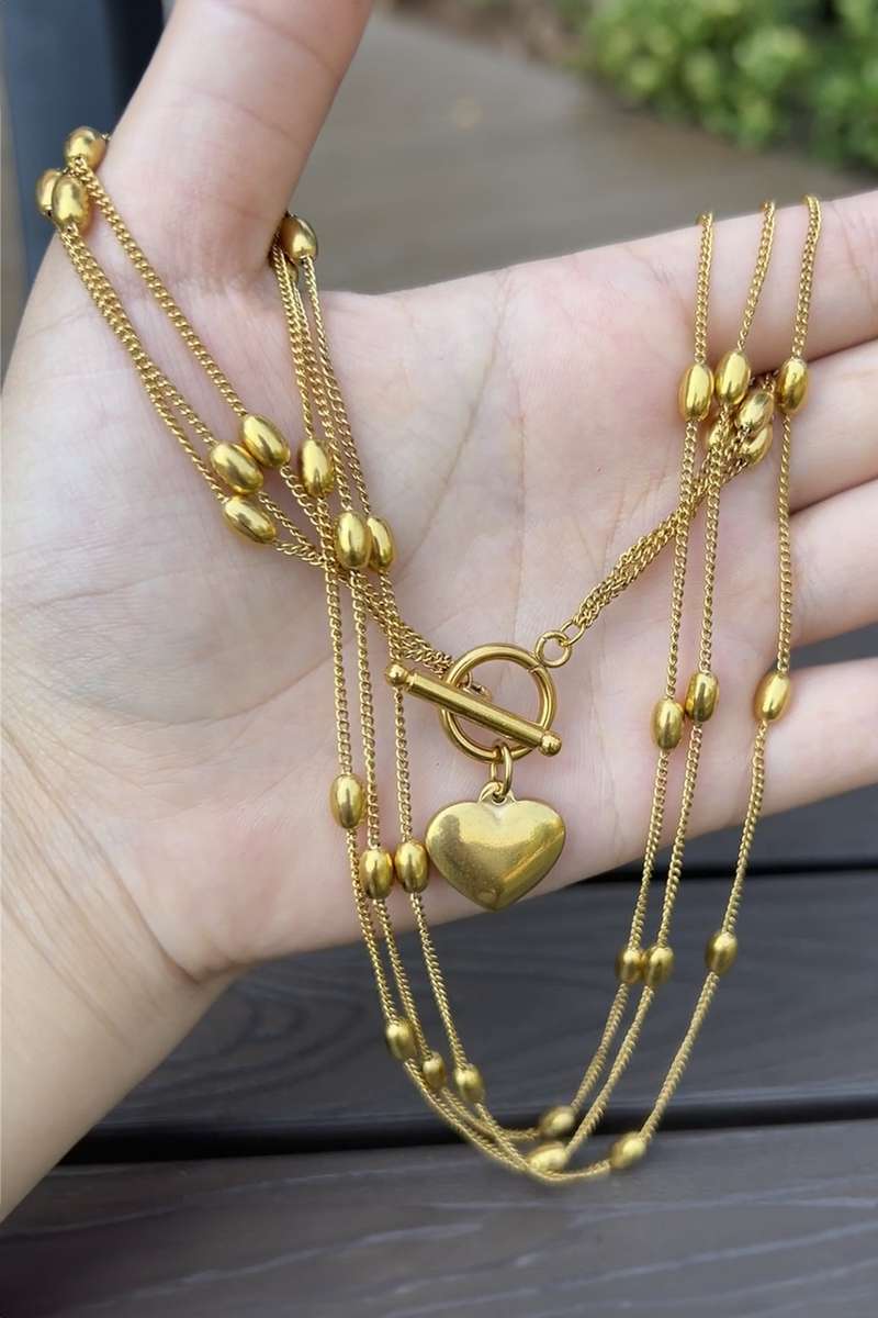 Gold Heart Toggle Charm Beaded Chain Triple Layered Necklace