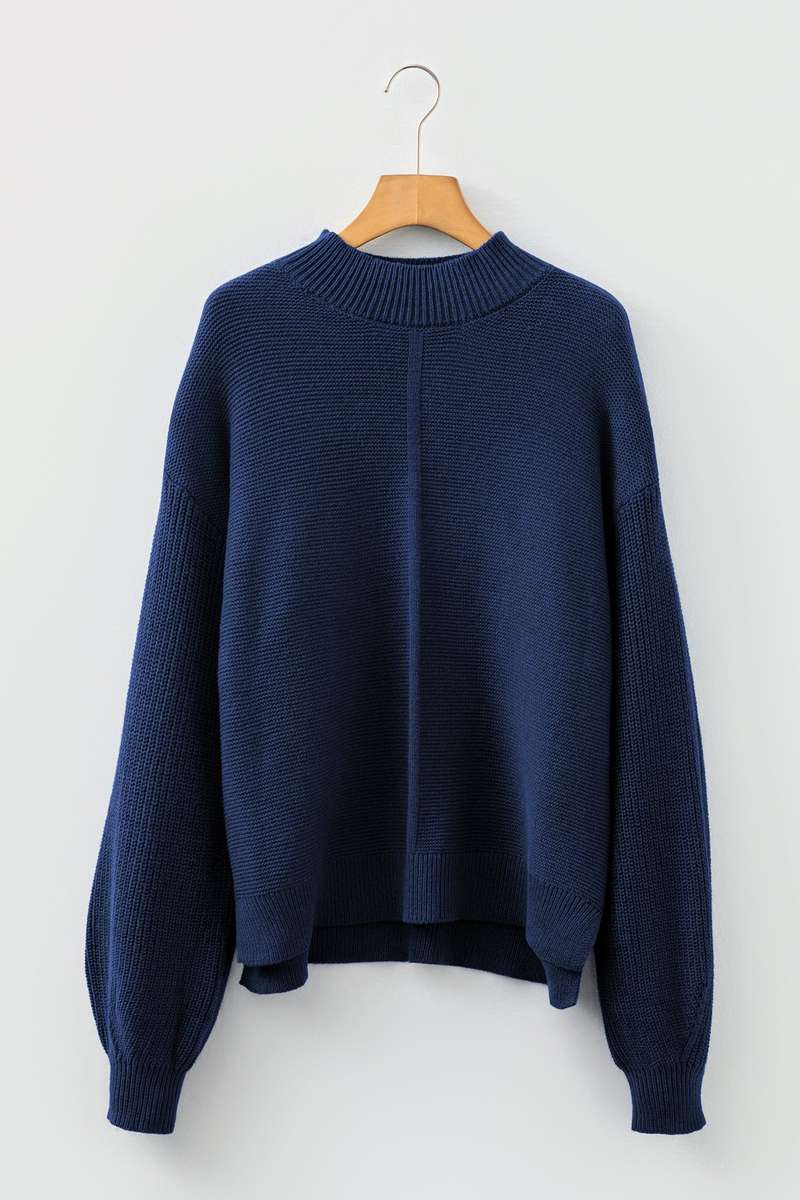 Dirty blue Solid Color Front Seam Drop Shoulder Loose Sweater