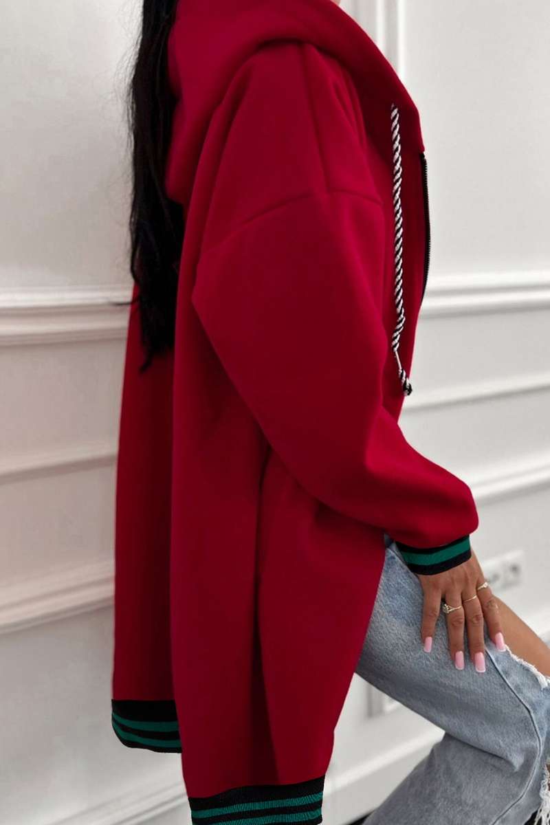 Racing Red Contrast Cuffed Drop Shoulder Zip up Tunic Hoodie