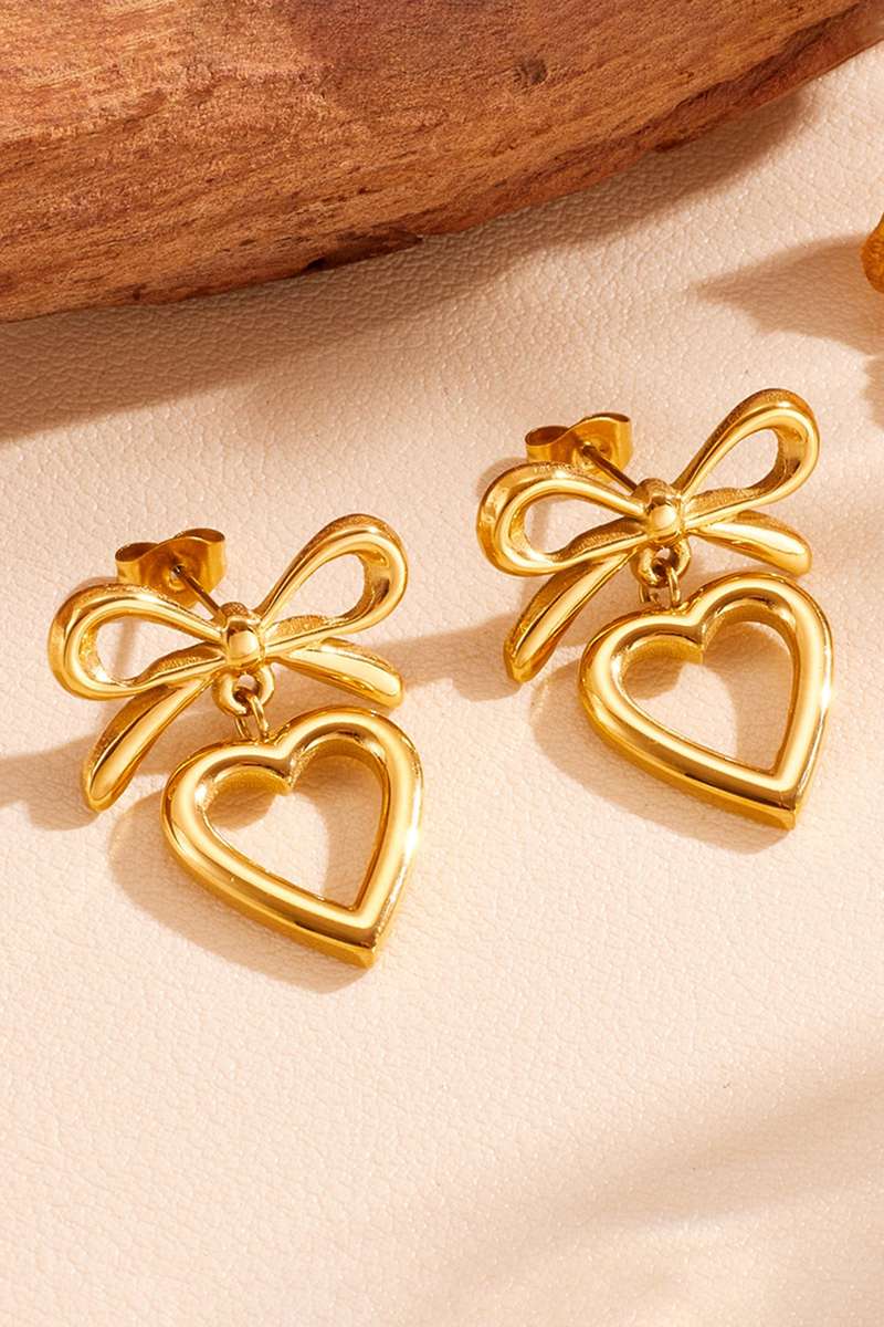 Gold Plated Hollowed Heart Bow Studded Earrings