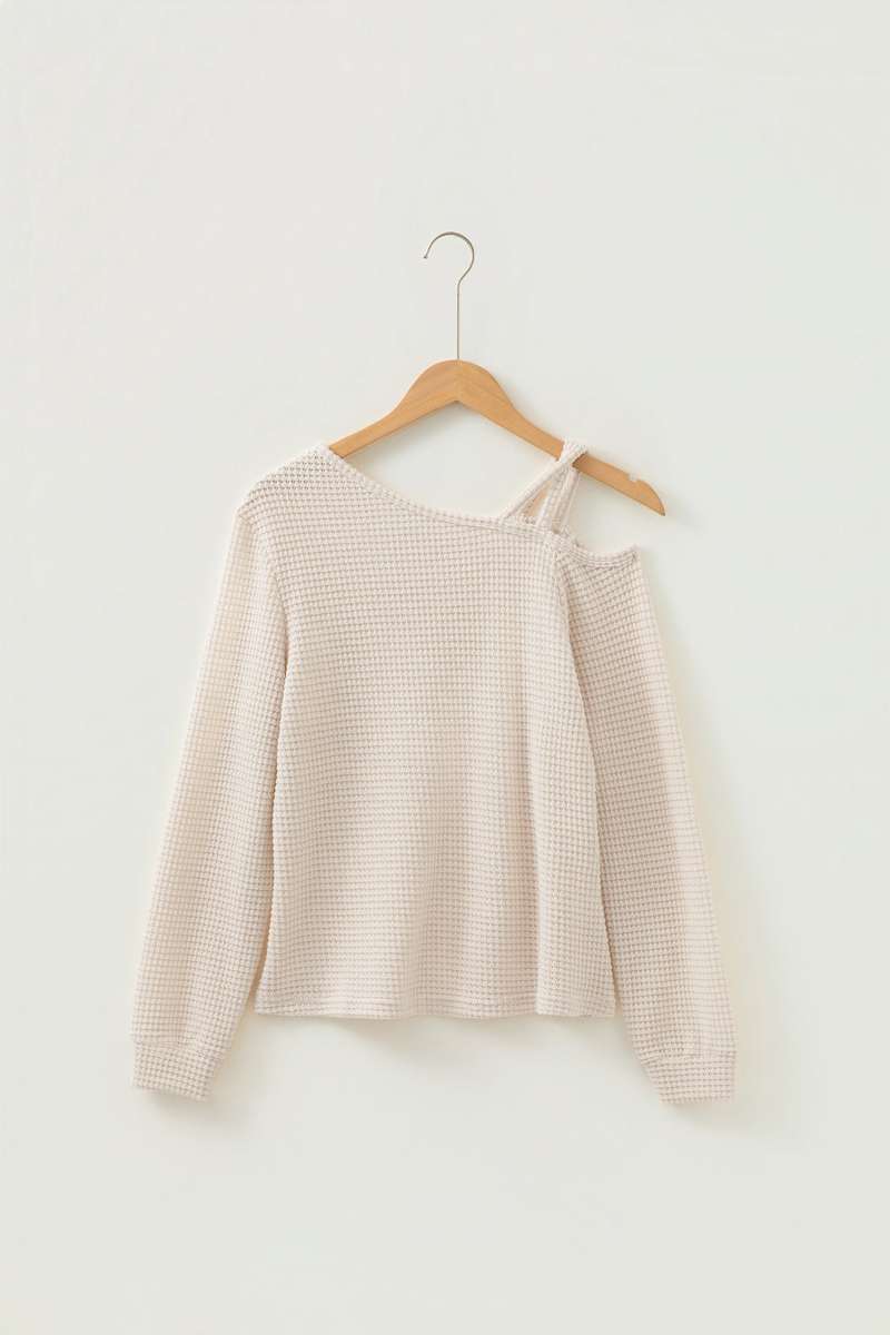 Jet Stream Solid Color Textured Knit Asymmetric Shoulder Long Sleeve Top