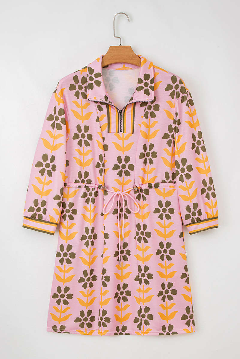 Pink Floral Print Zip Neck Striped Patchwork Long Sleeve Drawstring Dress