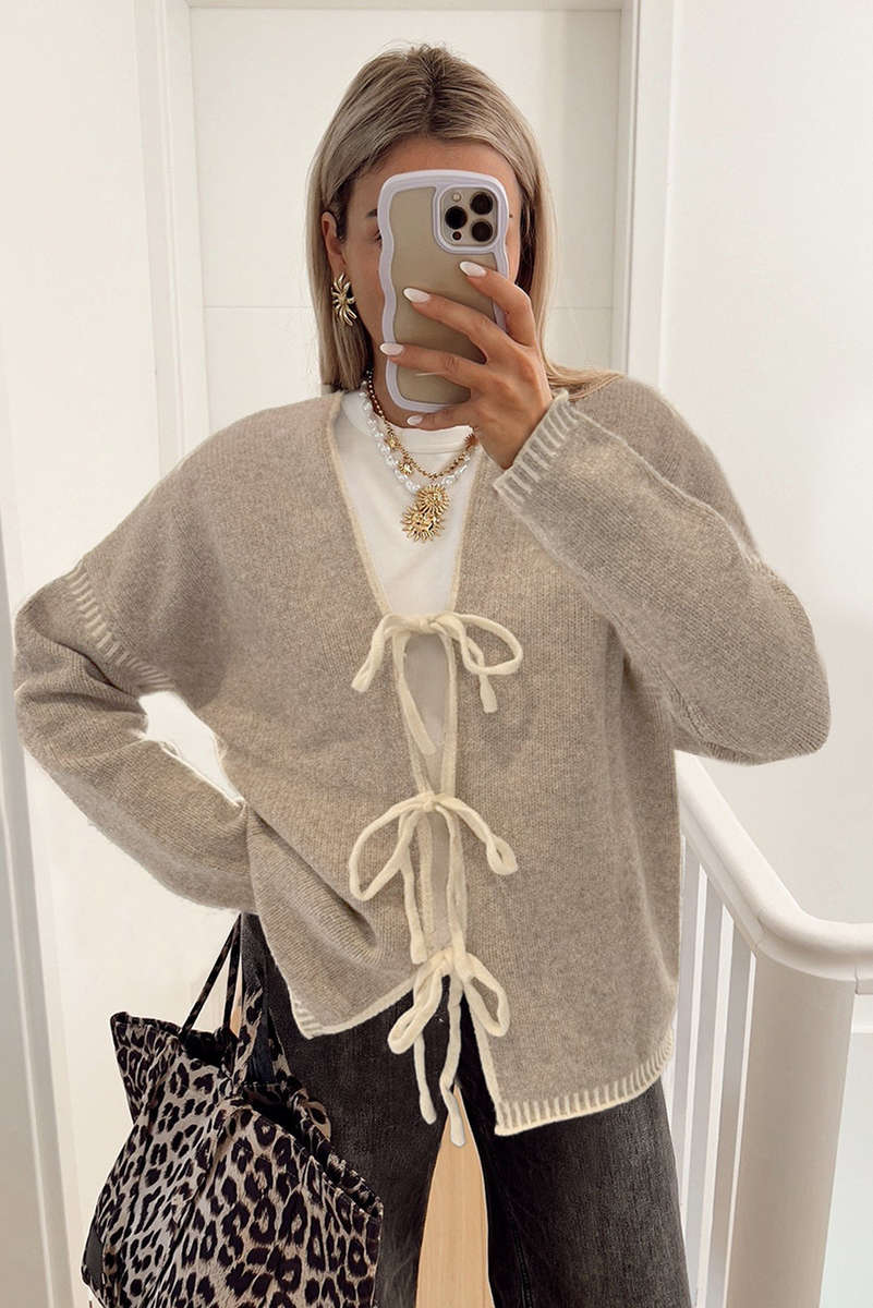 Pale Khaki Tied Front Drop Shoulder Chunky Casual Cardigan