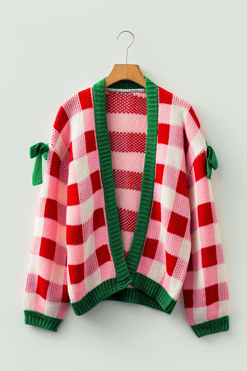 Pink Plaid Knit Bow Knot Decor Open Front Sweater Cardigan