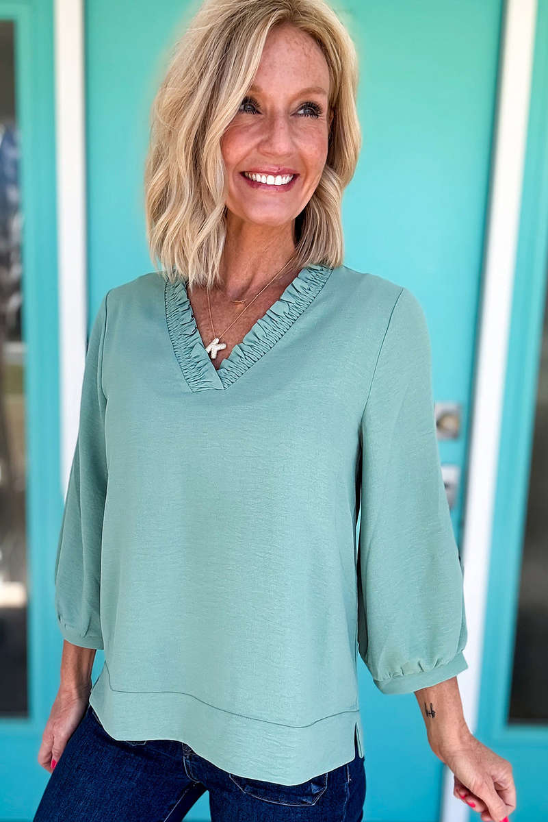 Moonlight Jade Frilled V Neckline Bracelet Sleeve Crinkled Blouse