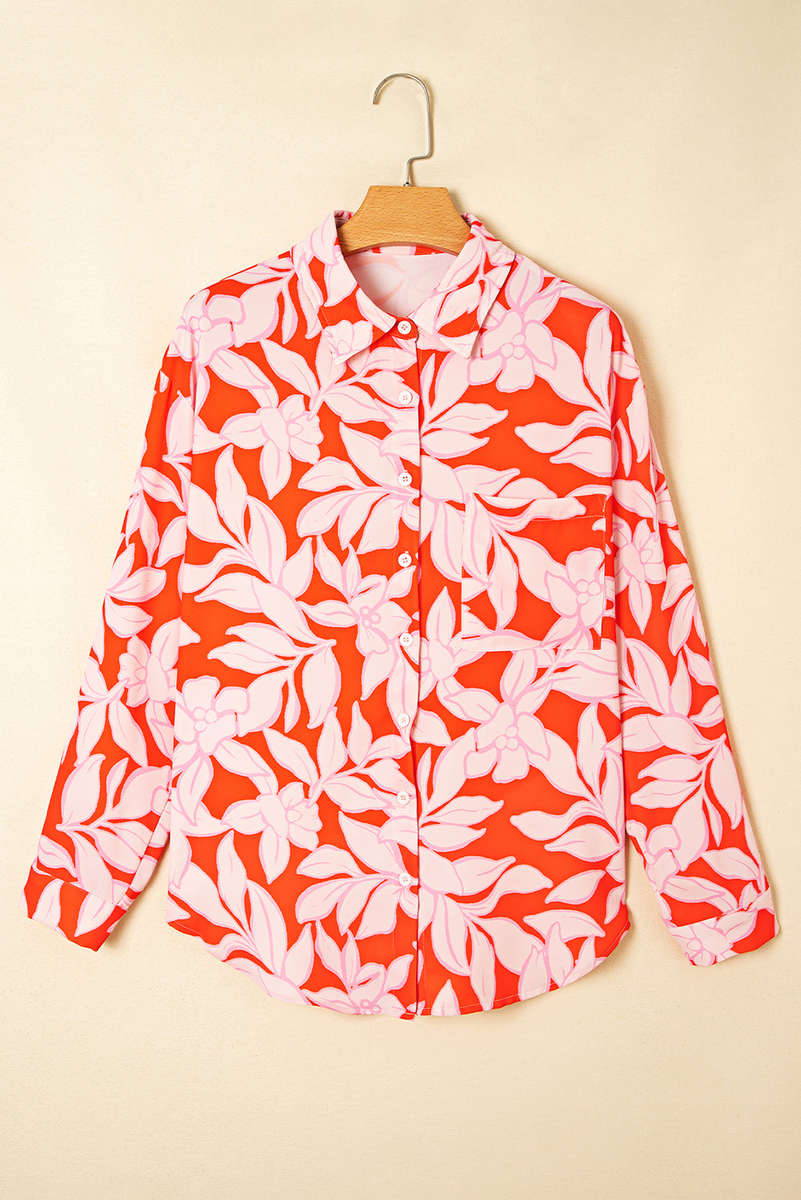 Orange Botanical Print Single Chest Pocket Button Up Shirt
