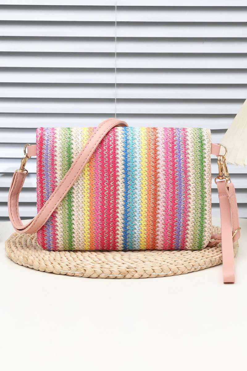 Pink Striped Straw Woven Zip Folded Magnetic Button Shoulder Bag