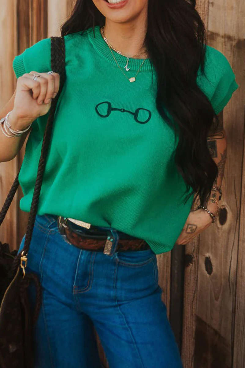 Bright Green Horse Bit Embroidered Loose Short Sleeve Sweater