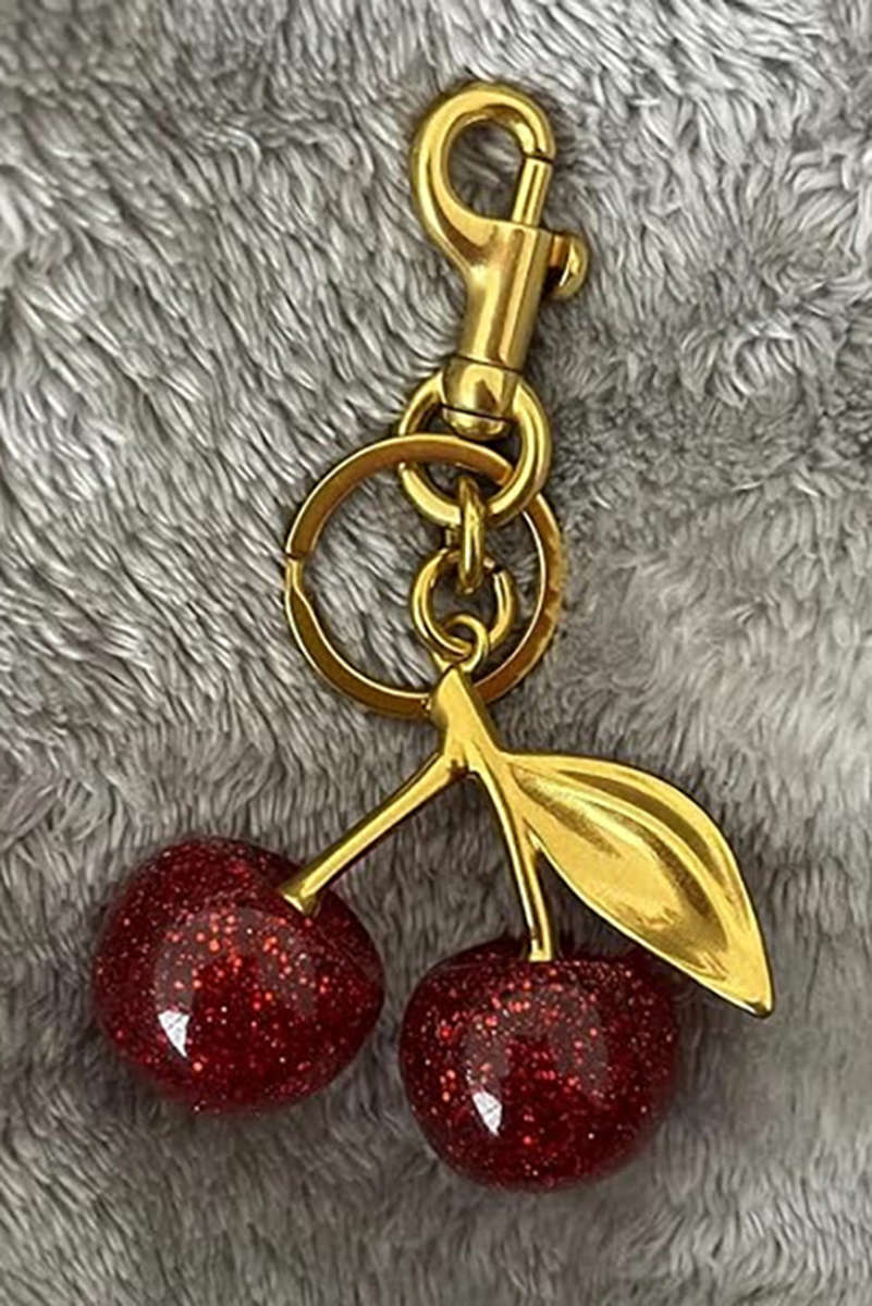 Gold Glitter Cherry Shape Plated Alloy Keychain