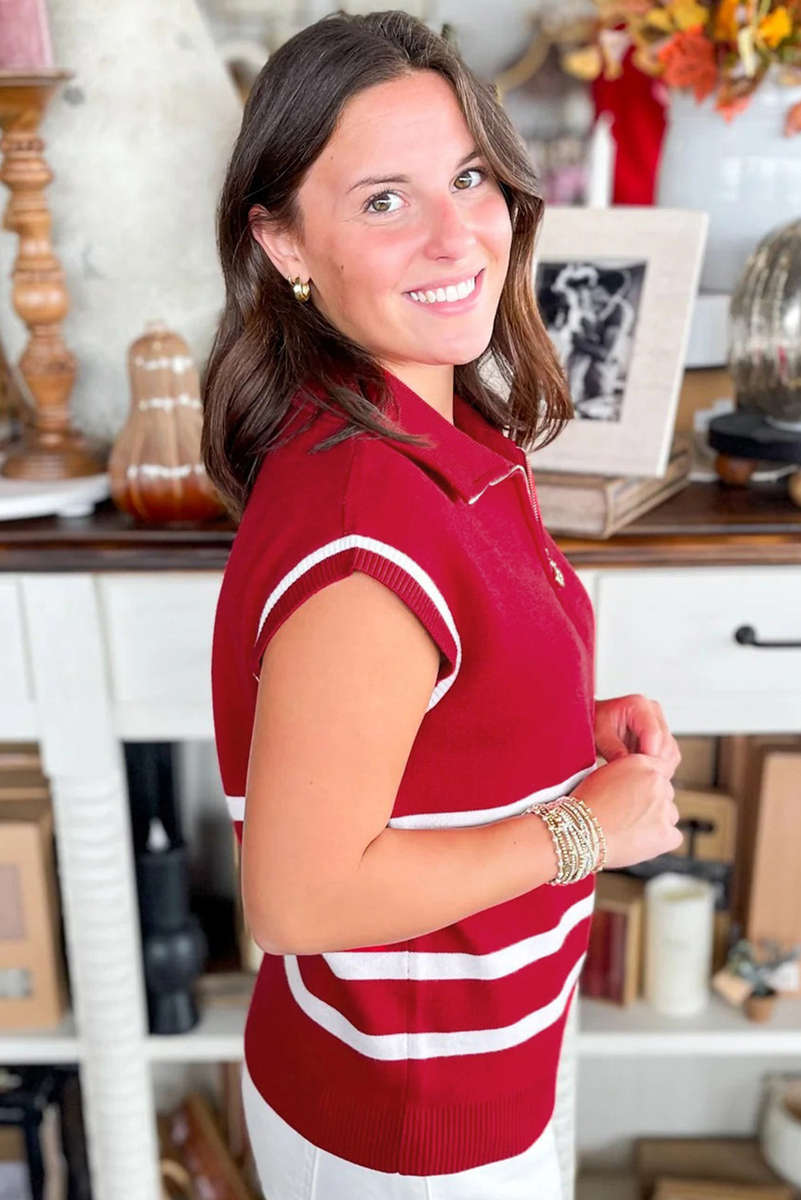 Fiery Red Quarter Zip Striped Detail Short Sleeve Sweater