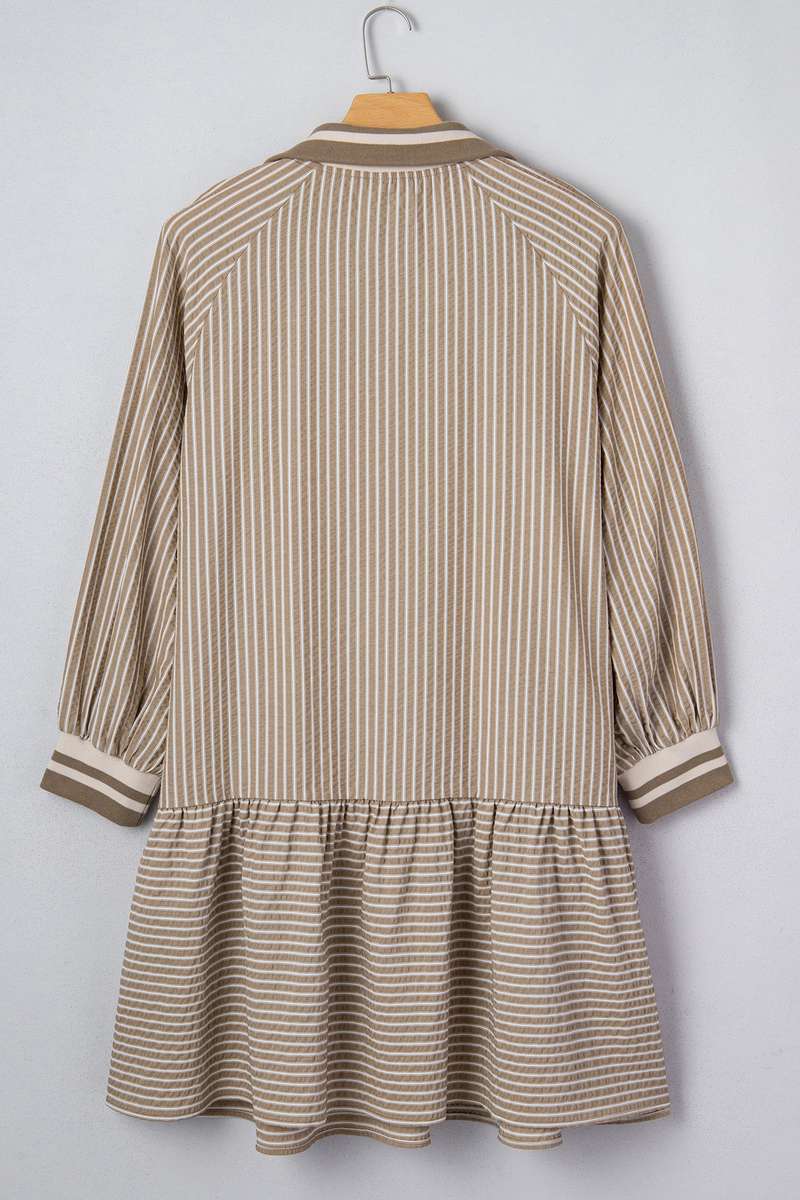 Khaki Stripe Zip up Collared Puff Sleeve Ruffled Plus Size Mini Dress