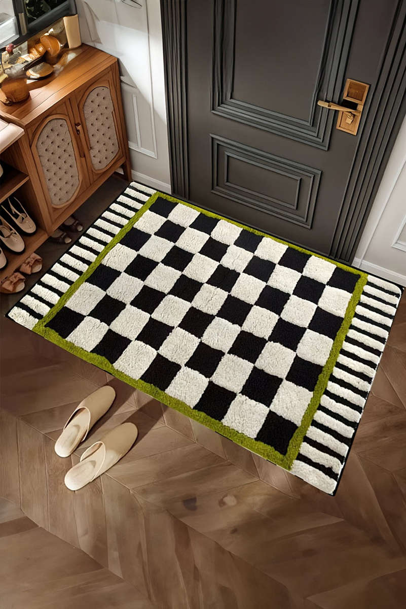 Spinach Green Square Trim Plush Checkered Striped Bath Rug