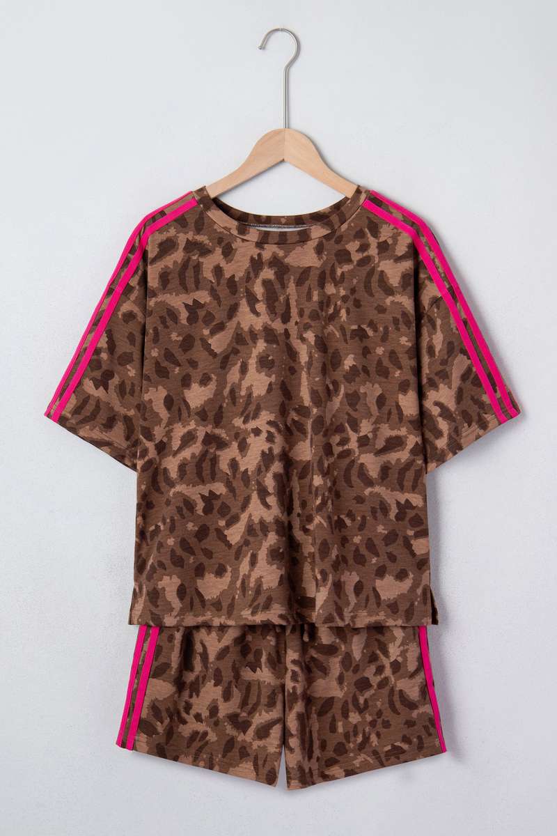 Brown Contrast Striped Accent Leopard Short Set