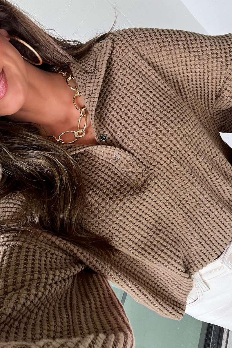 Casual Solid Color Textured Snap Button Collared Baggy Top