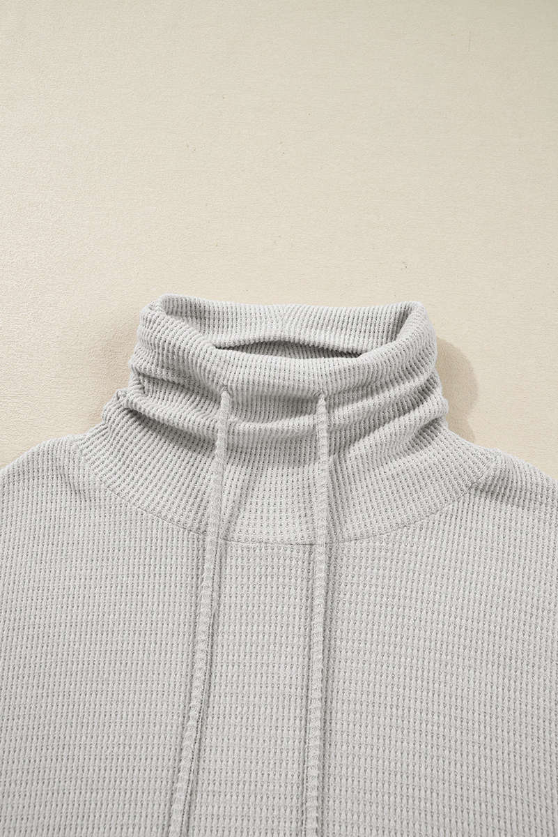 Light Grey Textured Knit Drawstring Cowl Neck Oversize Top with Side Slits