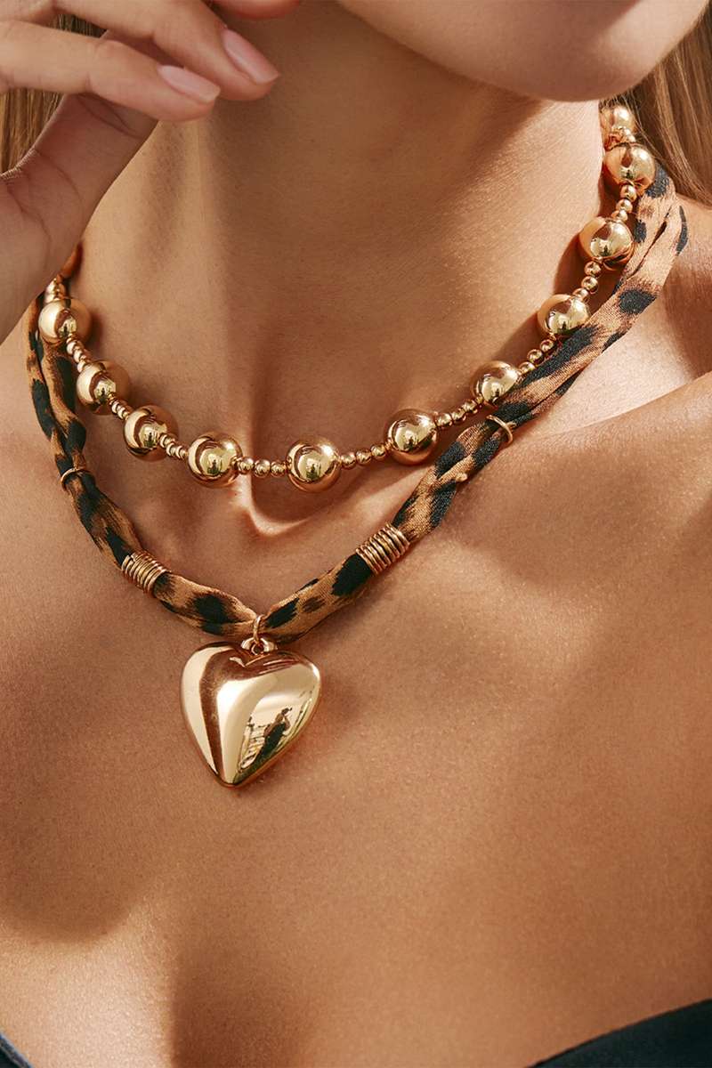 Gold Plated Mixed Beads Heart Charm Leopard Scarf 2pcs Necklace Set