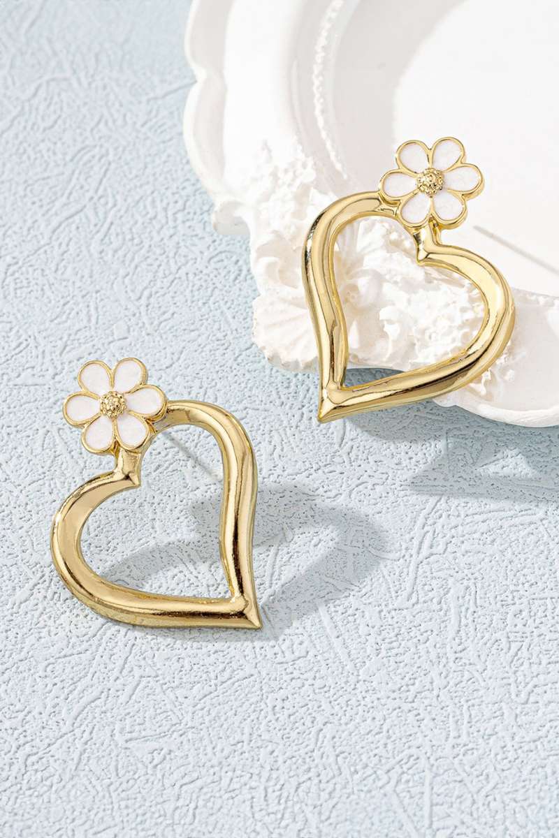 Gold Daring Hollowed Heart Dainty Flower Studded Earrings