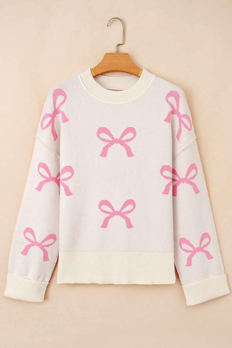Pink Bow Print Ribbed Trim Exposed Seam Drop Shoulder Loose Sweater