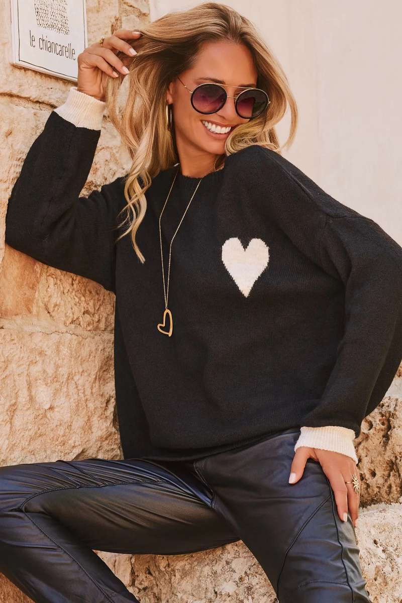 Black Heart Detail Contrast Cuffs Baggy Sweater