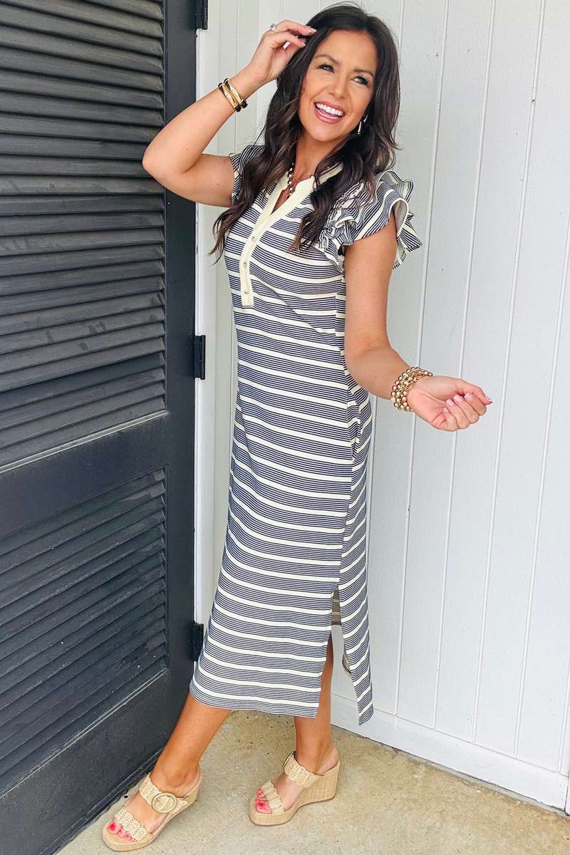 Blue Stripe Ruffled Short Sleeve Contrast Trim Button Notched Neck Midi Dress