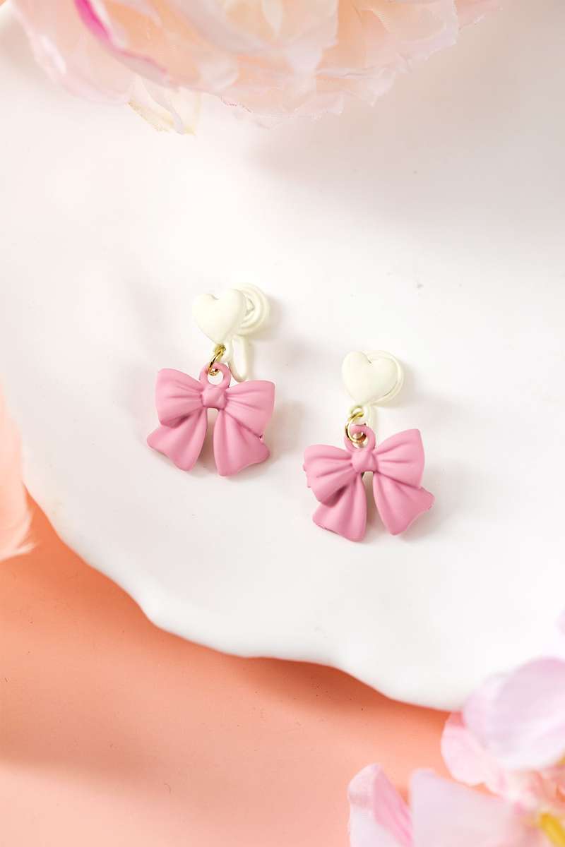 Pink Cute Bow Charm Contrasted Clip On Earrings