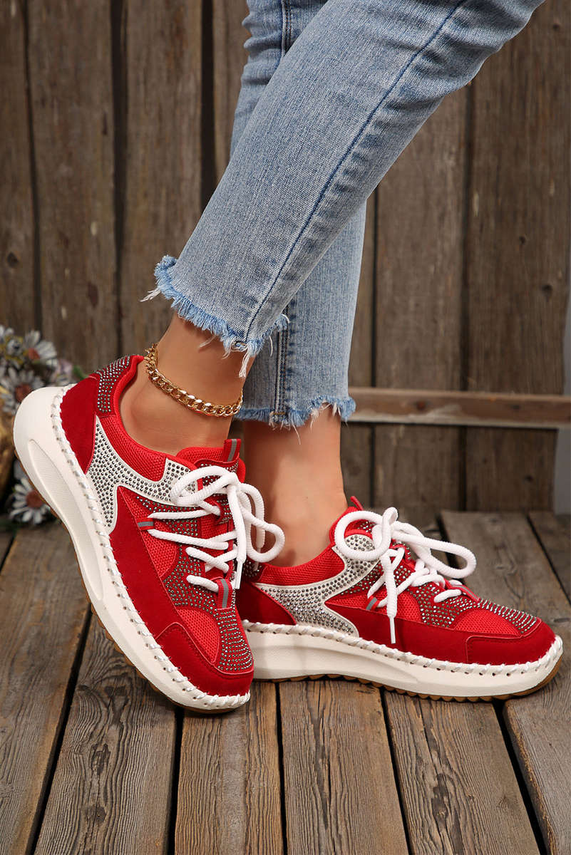 Fiery Red Rhinestone Embellished Color Block Patchwork Lace-up Breathable Sneakers