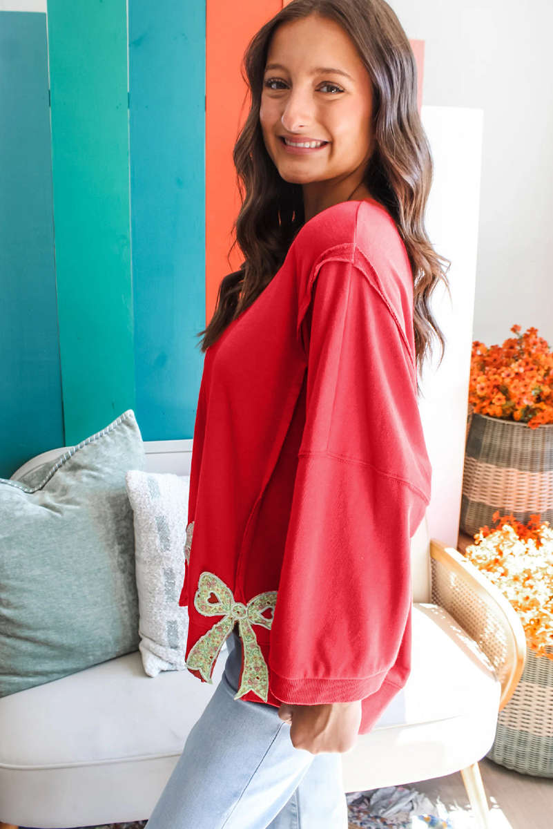 Fiery Red Floral Bow Patched Exposed Seam Patchwork Slit Baggy Sweatshirt