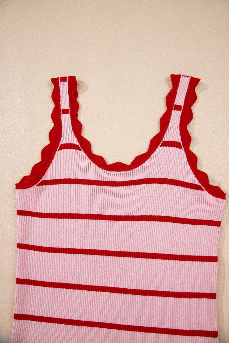 Rose Stripe Striped Scalloped Edge U Neck Sleeveless Sweater Vest