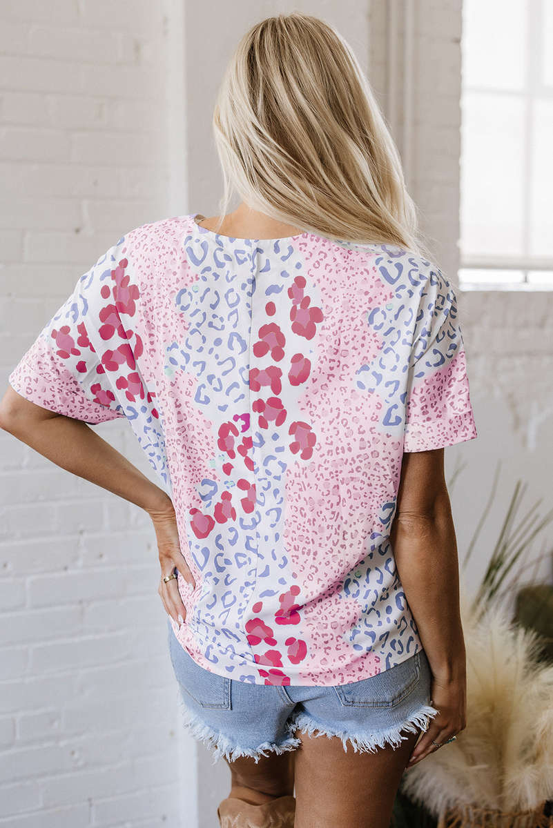 Pink Mixed Leopard Print V Neck Short Sleeve Blouse