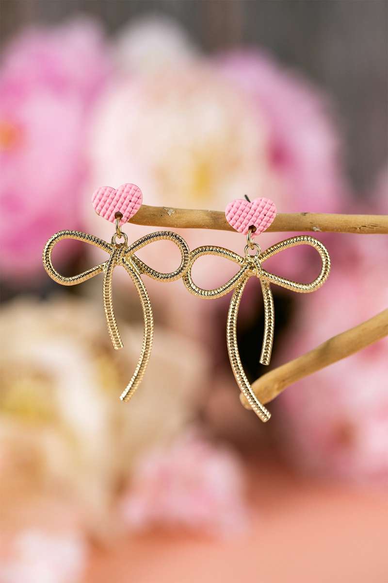 Pink Waffled Heart Stud Gold Plated Bow Dangle Earrings