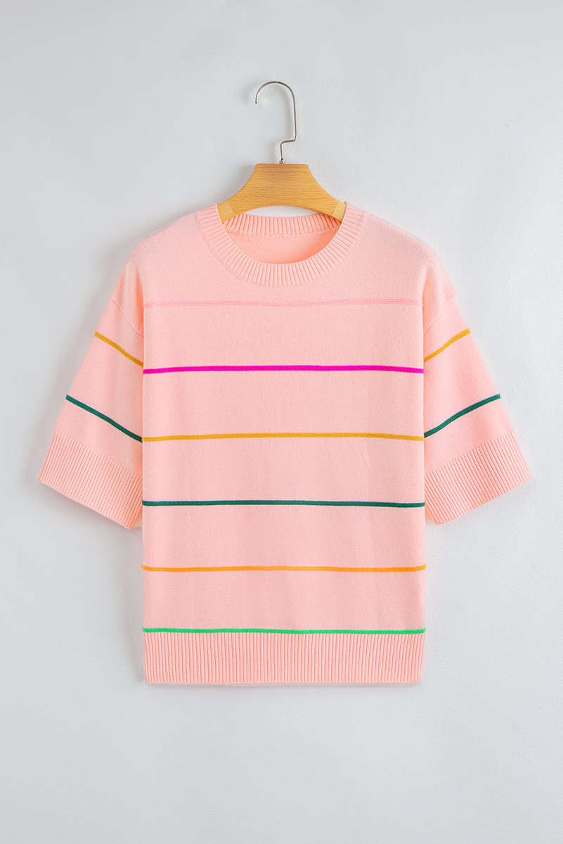 Pink Colorblock Striped Half Sleeve Drop Shoulder Sweater