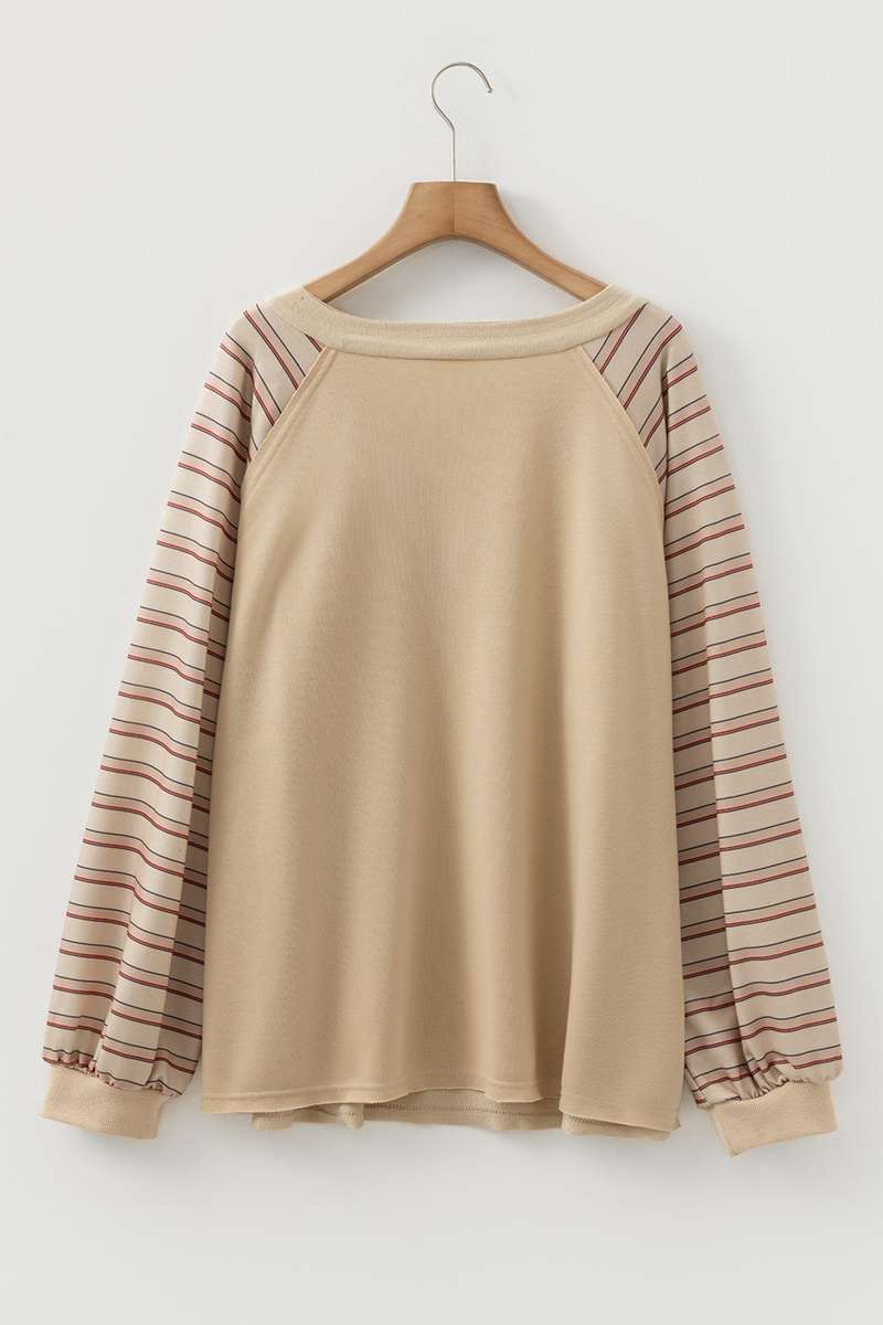 Parchment Striped Raglan Sleeve Notched Neck Raw Edge Plus Size Jumper