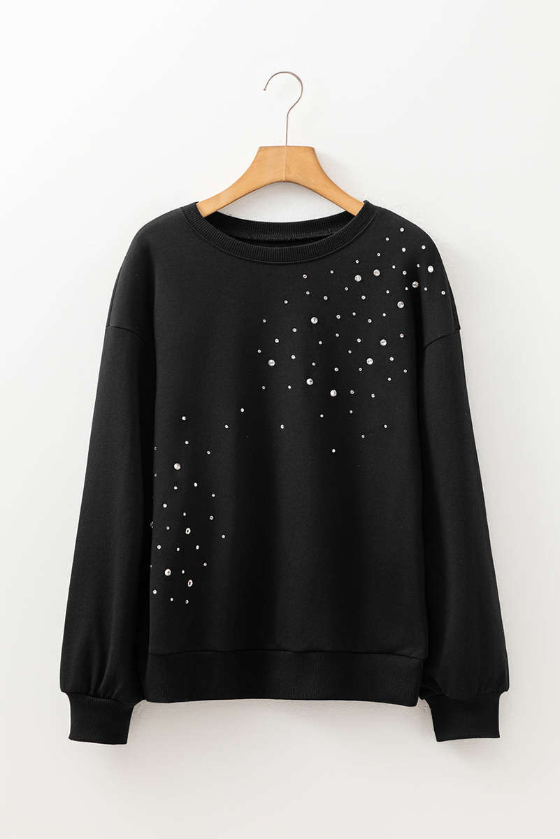 Black Rhinestone Embellished Drop Shoulder Ribbed Cuffs Wholesale Sweatshirt