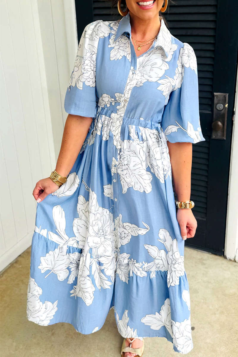 Sky Blue Floral Print Shirt Collar Button Down 3/4 Sleeve Ruffle Hem Long Dress