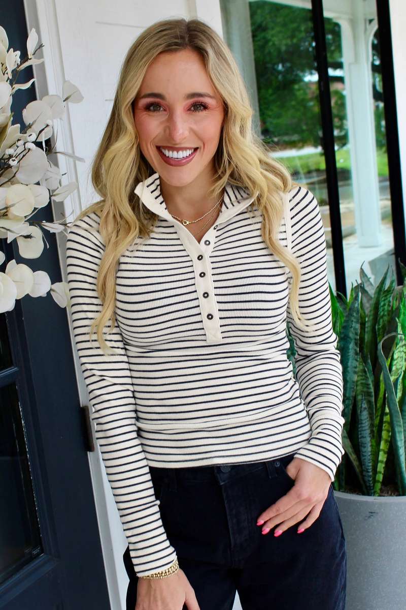 Black Stripe Ribbed Knit Half Button Long Sleeve Slim Top