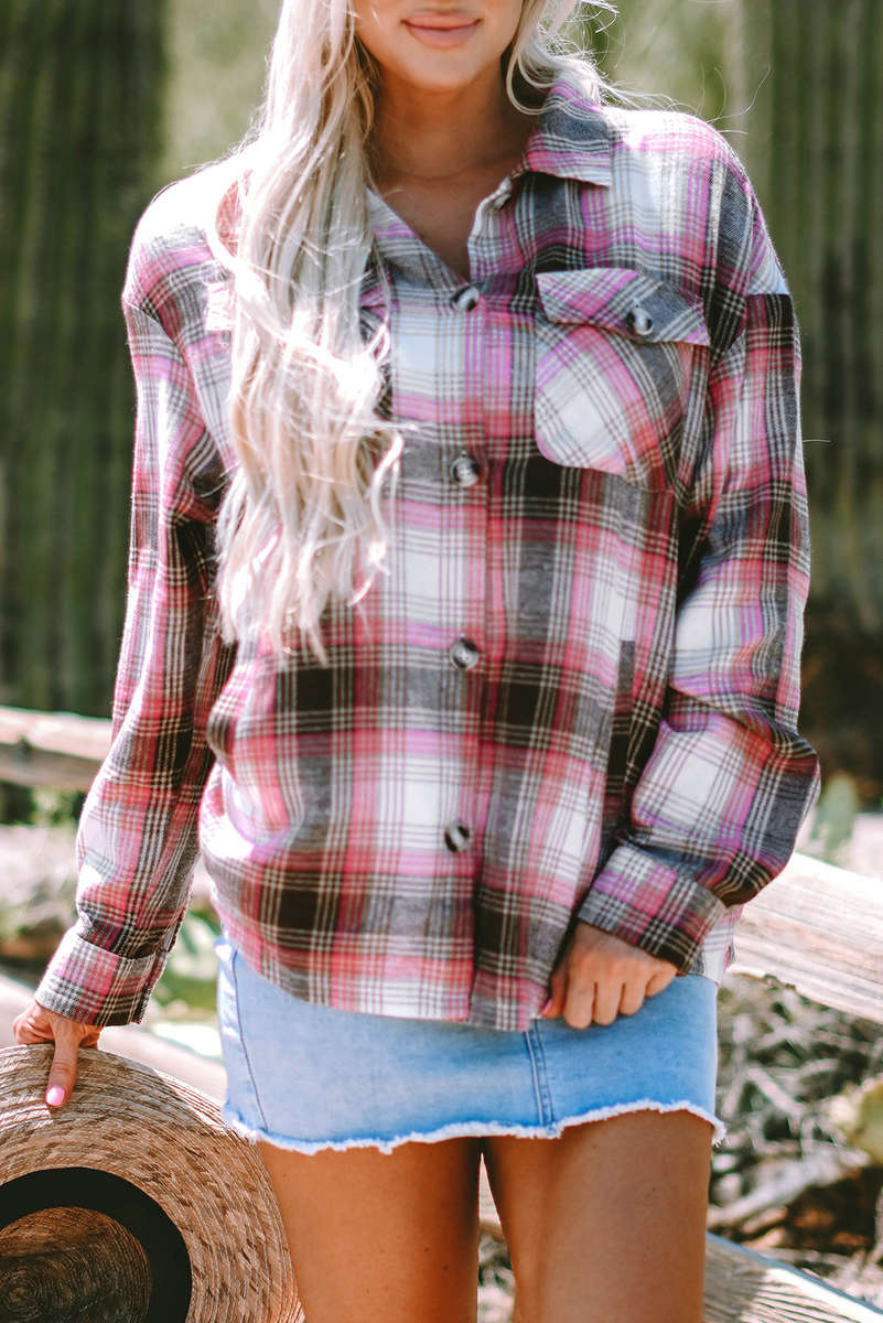 Pink Plaid Flap Pocket Button Up Shacket