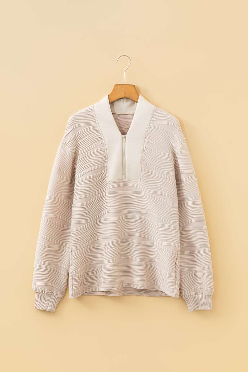Parchment Solid Color Textured Zip V Neck Pullover Sweatshirt