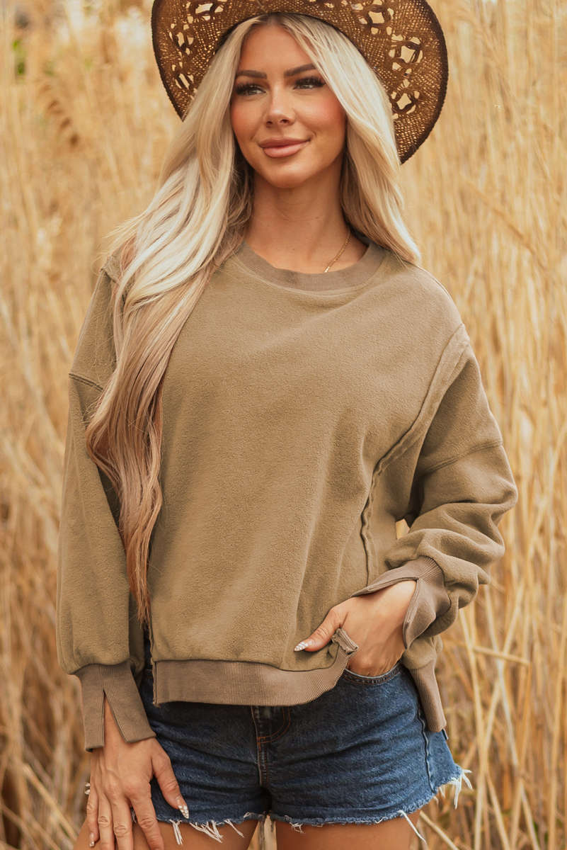 Dark Khaki Fuzzy Sherpa Splicing Pullover Sweatshirt with Side Slit
