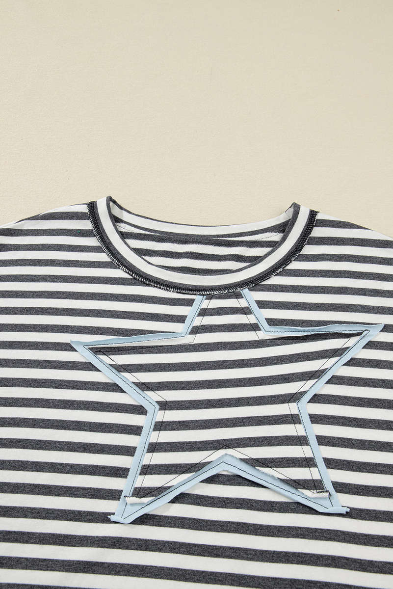 Gray Stripe Contrast Star Stitched Plus Size Long Sleeve Top