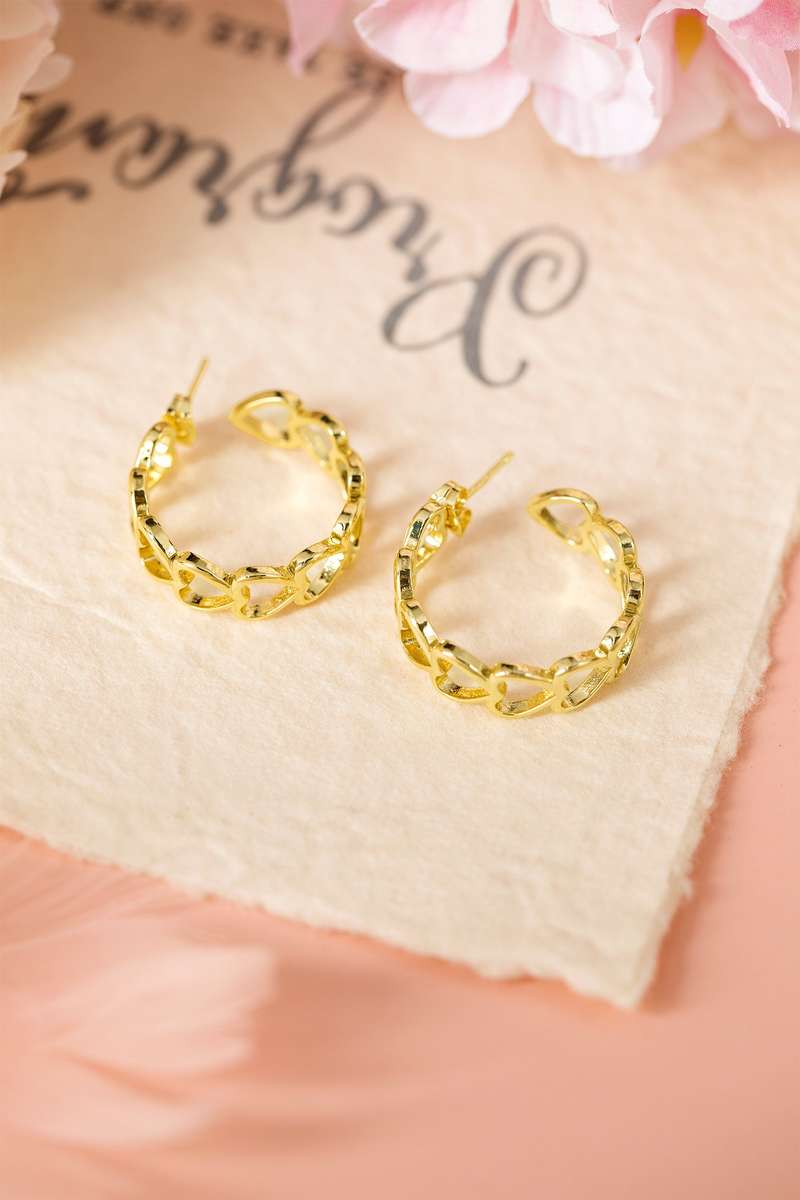 Gold Plated Heart Link Hoop Stud Earrings