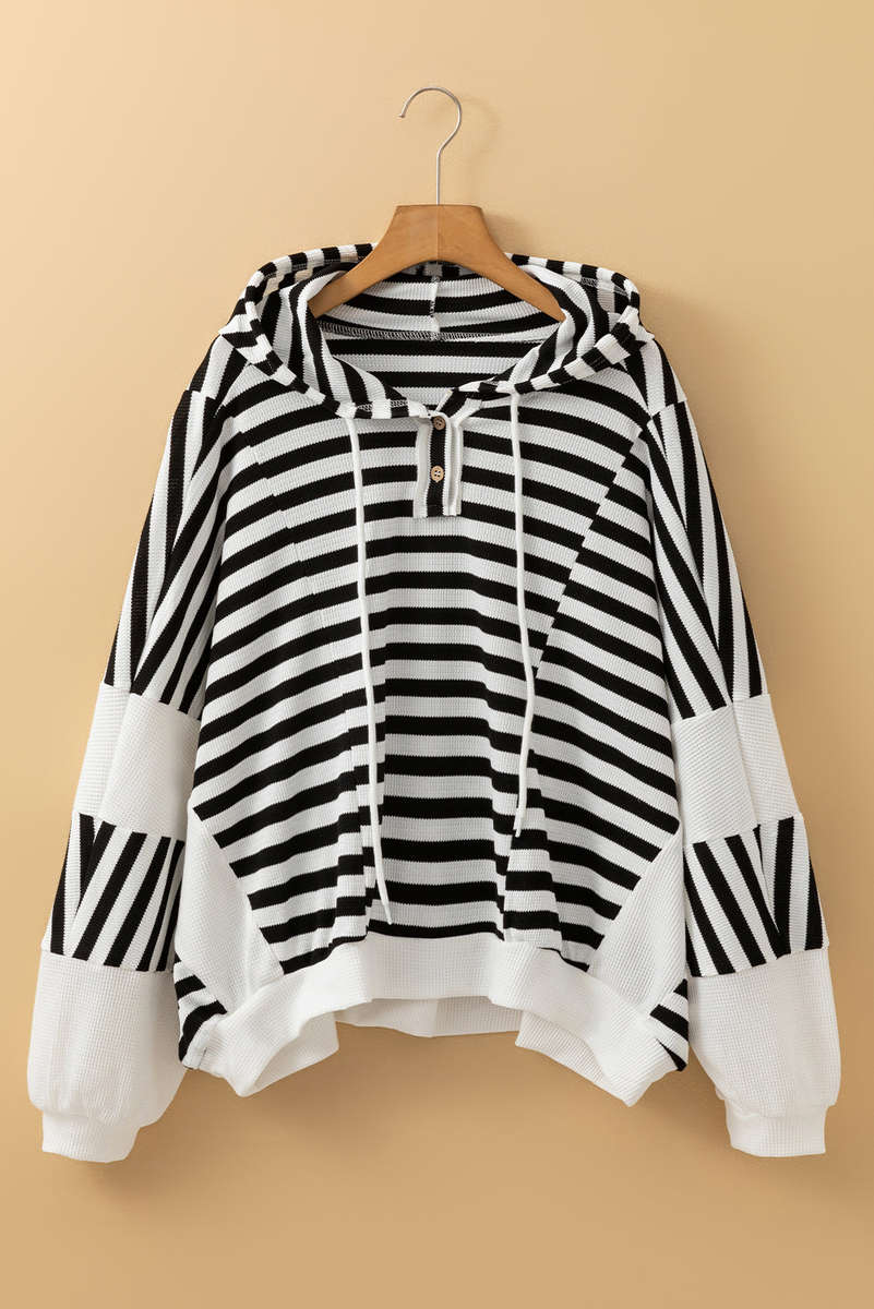 Black white Oversized Striped Henley Buttons Dolman Sleeve Hooded Top