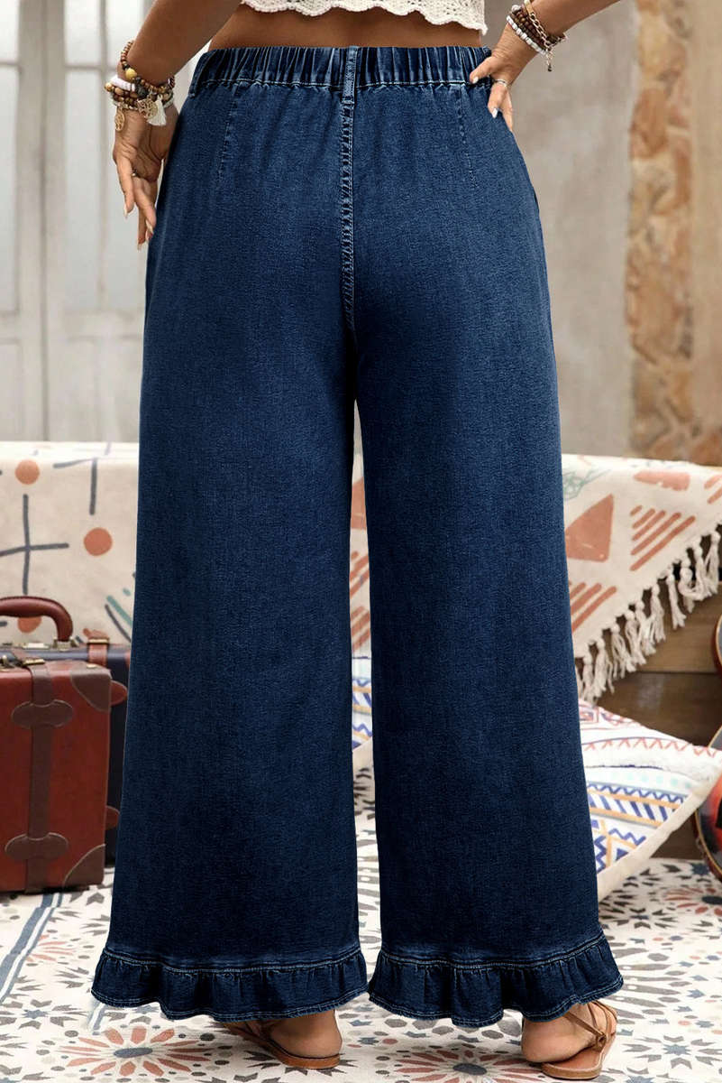 Dirty blue Plus Size Elastic Waist Ruffled Wide Leg Denim Pants