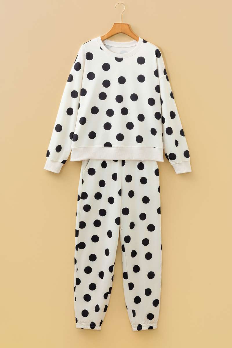 Beige Polka Dot Print Drop Shoulder Pullover Drawstring Jogger Pant Set