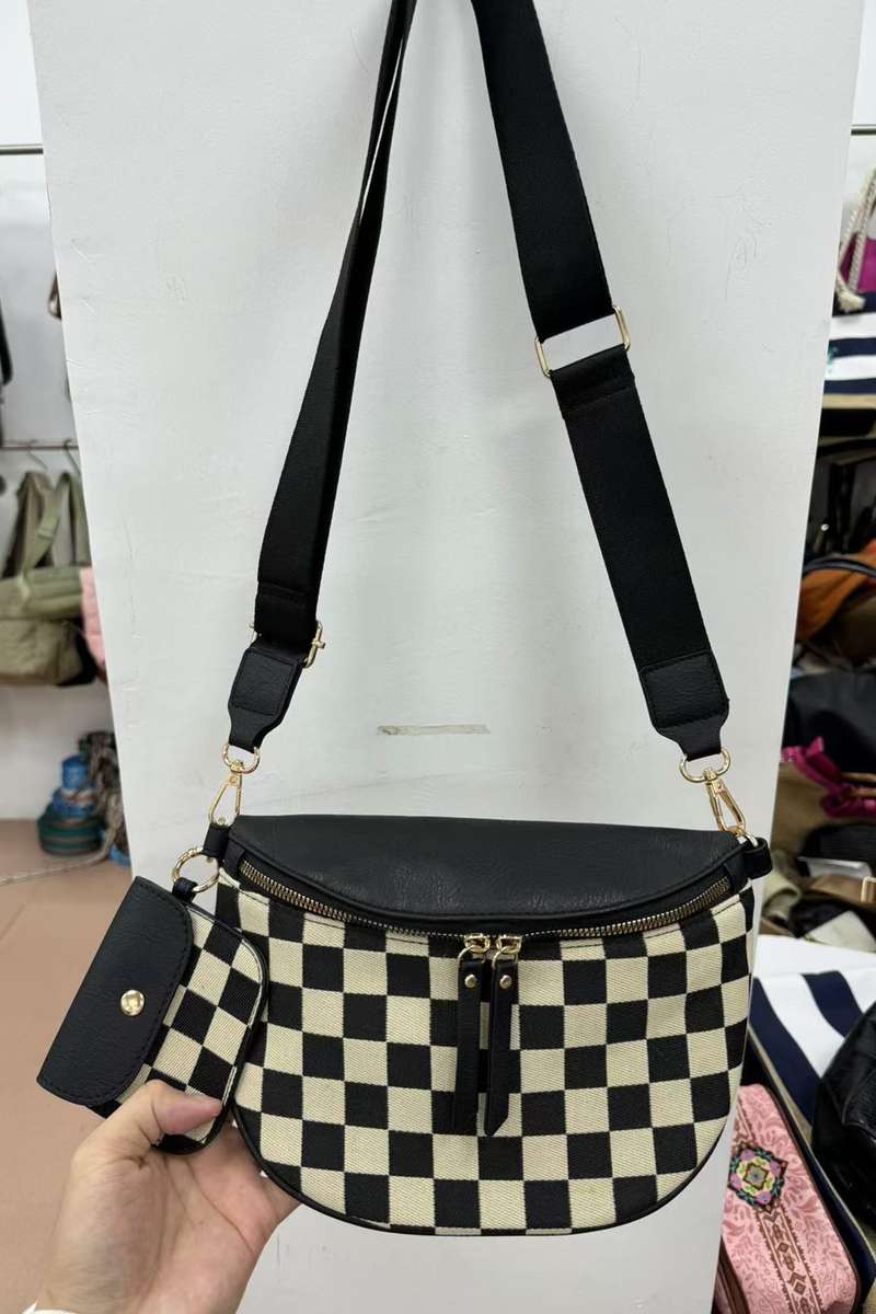 Black PU Leather Checkered Knit Patchwork Wallet Attached Shoulder Bag