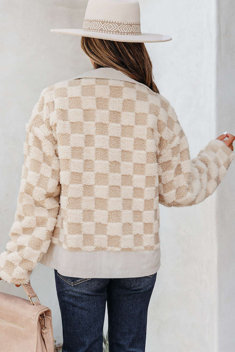 Khaki Checker Sherpa Corduroy Patchwork Zip up Collared Jacket