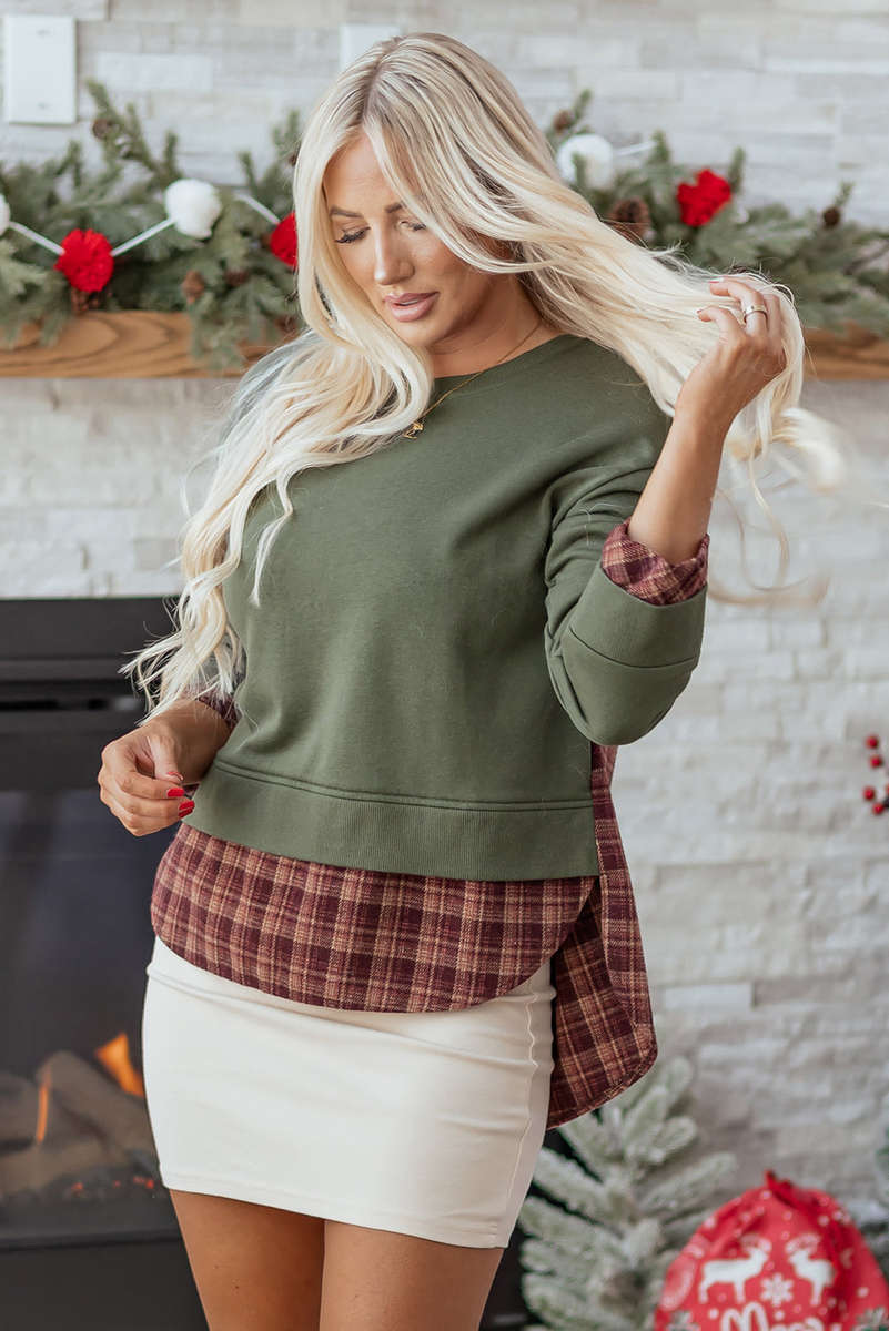 Moss Green Vintage Plaid Patchwork Drop Shoulder Sweatshirt