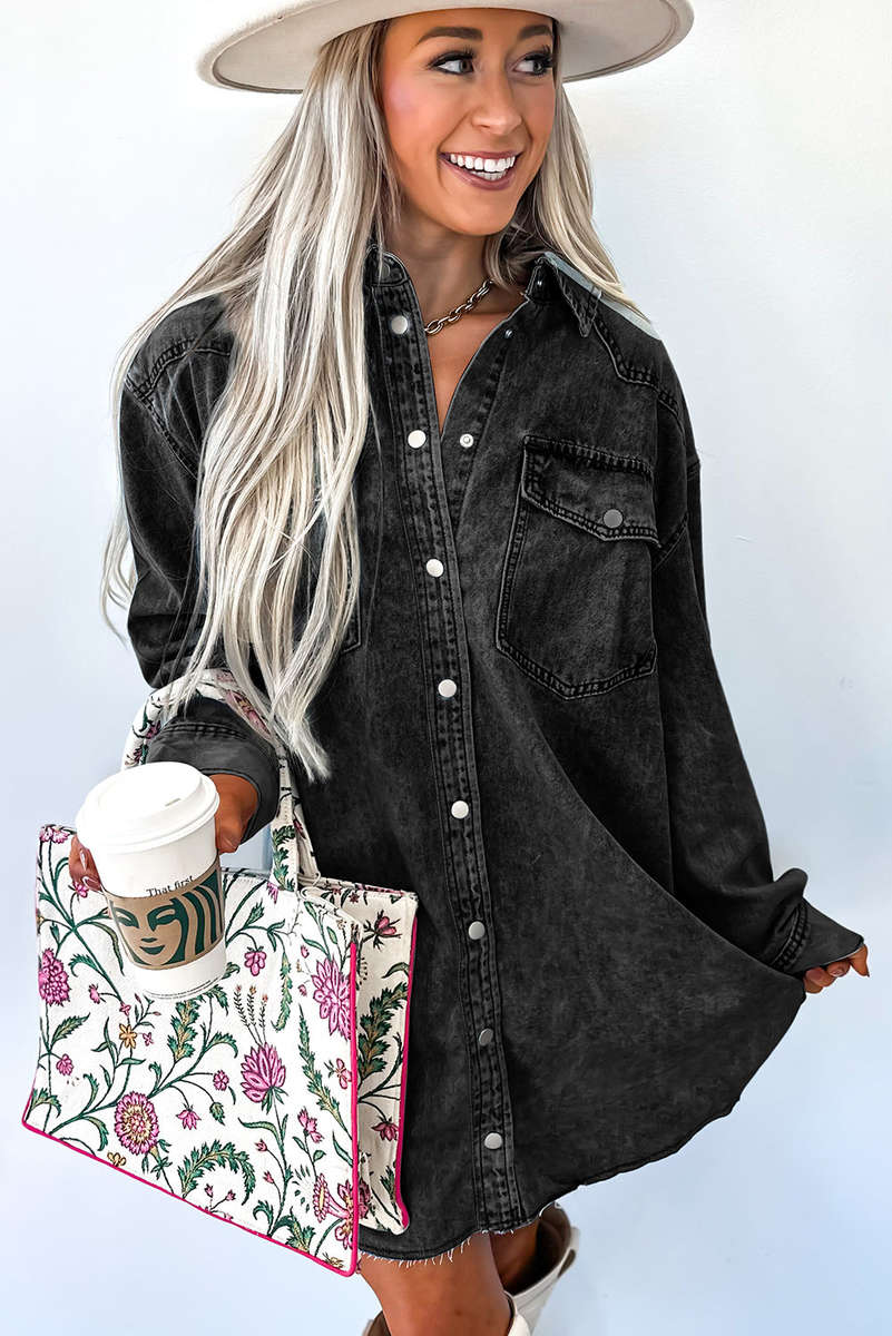 Medium Grey Beau Chest Pocket Raw Hem Denim Loose Shirt Dress
