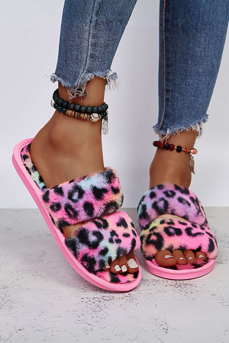 Rose Red Bold Plush Leopard Double Band Flat Slippers
