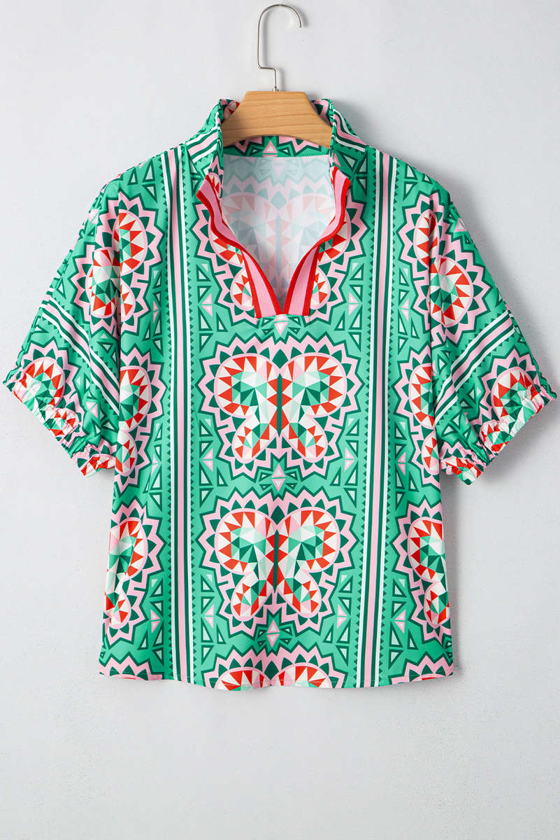 Sea Green Boho Abstract Print Contrast Striped Collared V Neck Blouse